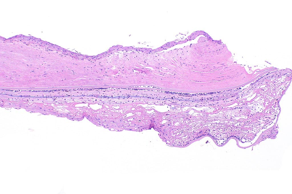 Low-magnification histology of cornea with herpes stromal keratitis changes